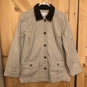 Womens Tan Canvas Chore/ Barn Coat  Jacket with Dark Brown Collar Size L